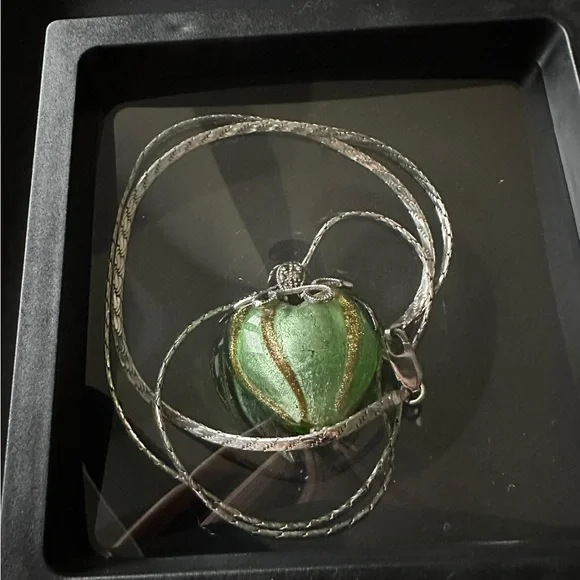 Green Dychroic Glass Heart Pendant with Silver Leaf Detail 22” Sterling Chain